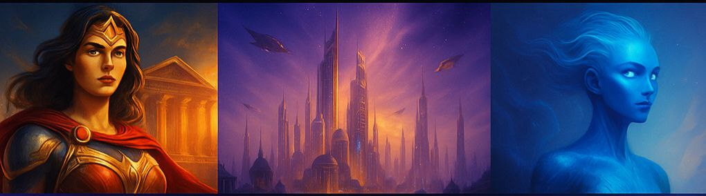AI-generated artwork showcase - Fantasy warrior, futuristic cityscape, and ethereal being
